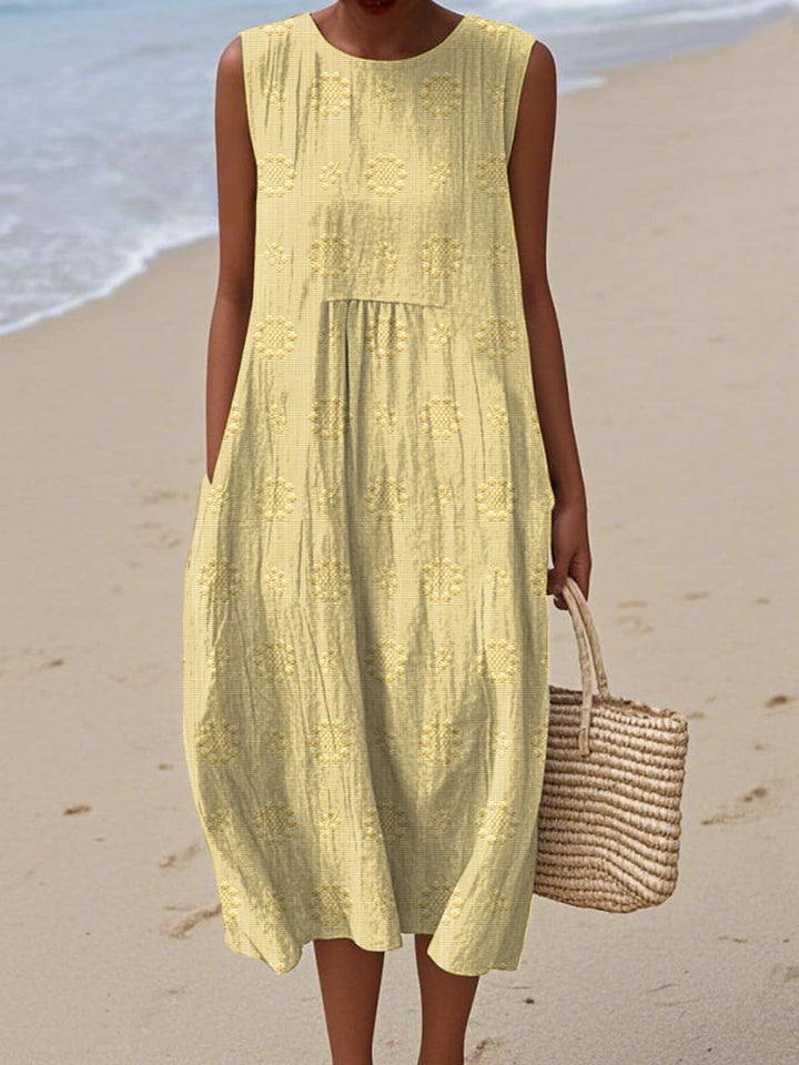 Women's embroidered midi summer dress with side pockets, circular motifs, sleeveless, gathered waist, perfect for warm weathe