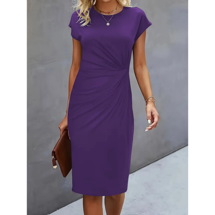 Women's ruched bodycon midi dress, cap sleeves, side ruching, tailored fit, knee-length, chic and elegant style.